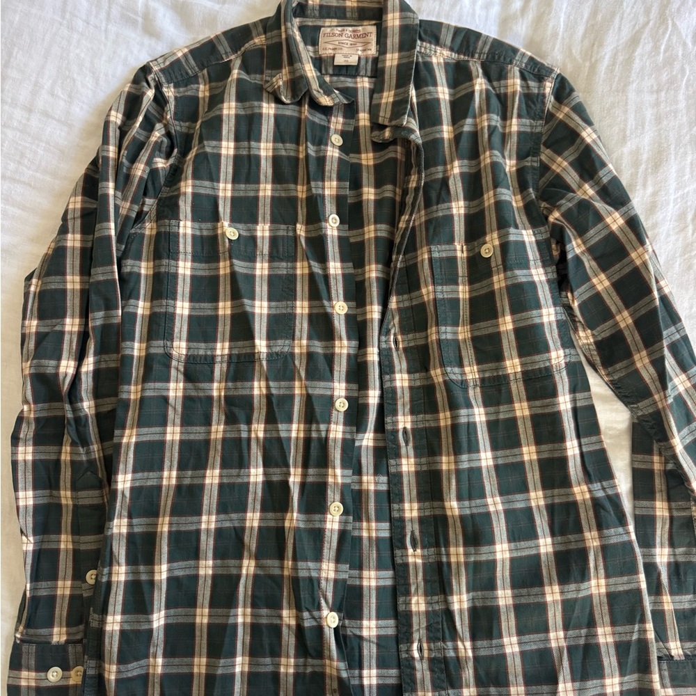 Filson Olive and Cream Plaid Button Down Shirt